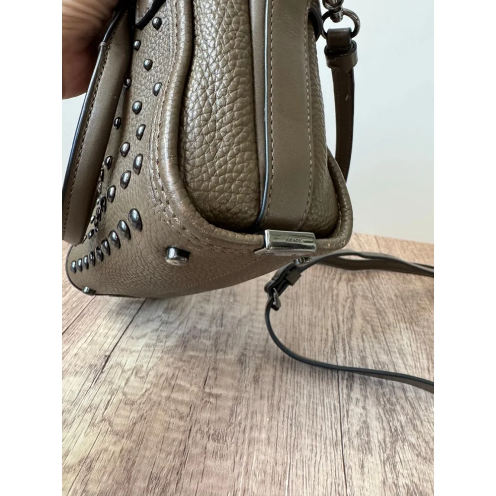 Coach Swagger 27 Studded Pebble Leather Satchel 57696 Olive Taupe Gunmetal